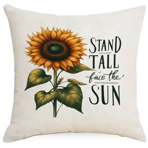 Sunflower square pillowcase in cotton linen with STAND TALL face the SUN print design