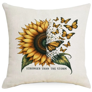 Linen sunflower butterfly throw pillow cover with Stronger Than The Storm slogan