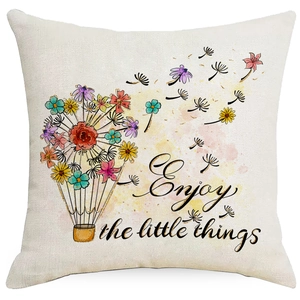 Linen dandelion floral cushion cover with Enjoy the little things text on white background