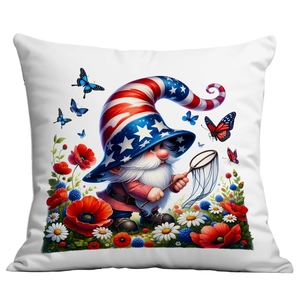 Detail of square pillowcase with American patriotic gnome, poppy flowers and butterflies