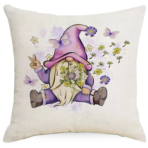 Detailed view of linen cushion cover featuring cartoon gnome with purple butterfly patterns