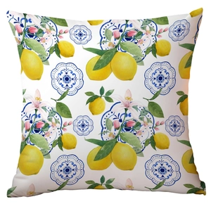 Funda de cojín con limones mediterráneos y azulejos azules para sofá y decoración