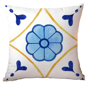 Detalle de patrón de azulejos azules mediterráneos en funda de cojín cuadrada