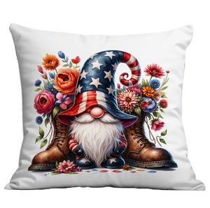 Patriotic July 4th Gnome pillow case with American flag hat and colorful floral accents