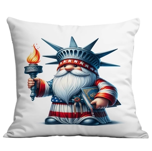 Detailed view of patriotic gnome pillowcase with Statue of Liberty elements and star patterns