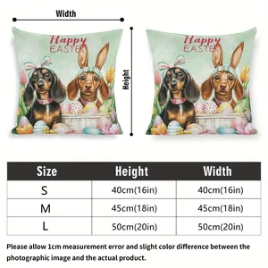 Size chart for Easter dachshund dog pillow covers in 40cm, 45cm, and 50cm square dimensions