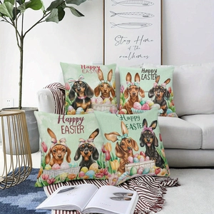 Detail of four Easter pillow covers with dachshunds and eggs on a white sofa
