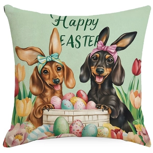 Happy Easter pillow cover with cute dachshunds, colorful eggs, and spring tulips