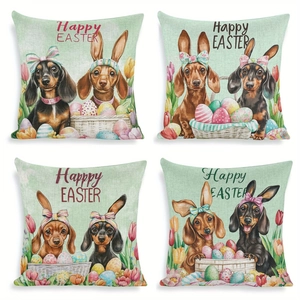 Easter Dachshund Dog Easter Egg Linen Pillowcase Decorative Sofa Cushion Cover Happy Easter Floral Pattern For Home Decor