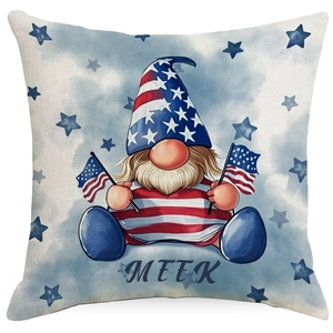 Patriotic 4th of July pillow cover featuring a gnome with American flags and Meek text