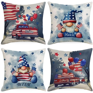 American Independence Day Linen Pillowcase Patriotic Red Truck Gnome Star Pattern Decorative Cushion Cover For Home Decor