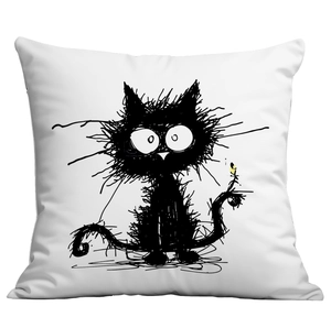 Close-up of minimalist black cat line art print on white square cushion cover fabric