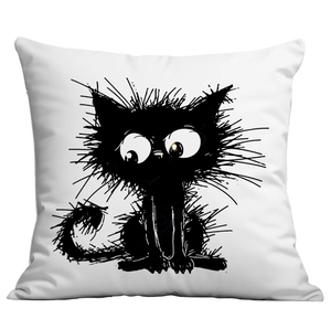 Minimalist white square pillowcase featuring a hand-drawn black cat artistic illustration