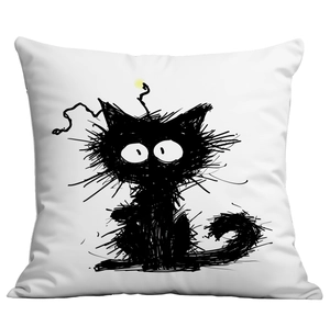 Minimalist white square pillowcase featuring a black cartoon line art cat graphic print