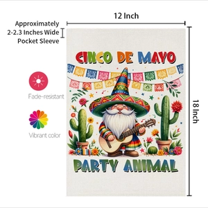 Dettaglio della bandiera da giardino Cinco De Mayo 12x18 pollici con misure e specifiche