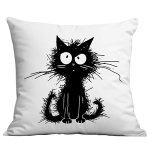 Close-up of minimalist black cat print on a square white cushion cover for home sofa decor