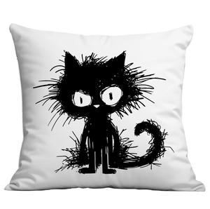 Detailed view of the cute black cartoon cat print on a white decorative throw pillow case