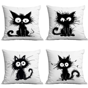 Modern Minimalist Cartoon Line Black Cat Printed Pillowcase Soft Short Plush Square Cushion Cover For Sofa Living Room Home Decor