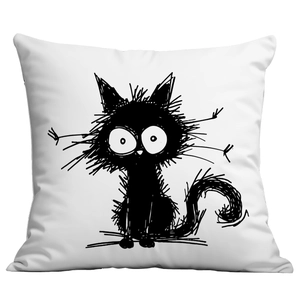 Minimalist white square pillowcase with cartoon black cat print for home sofa decor