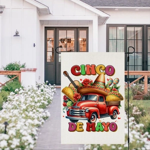 Bandiera da giardino Cinco de Mayo con camion rosso e chitarra su un supporto esterno