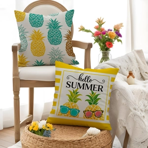 Detail of pineapple print pillowcases with fabric texture in a cozy summer home setting