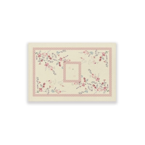 Close-up of rectangular floral placemat with pink watercolor flowers and woven red borders