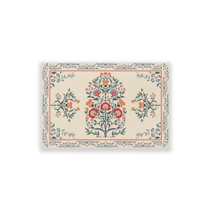 Close-up of bohemian floral table runner showing intricate Mughal tree of life pattern