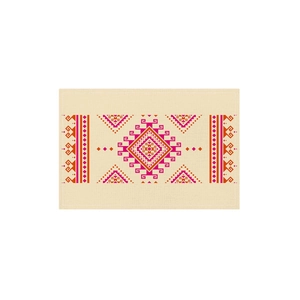 Bohemian floral table runner with geometric ethnic patterns on light beige fabric