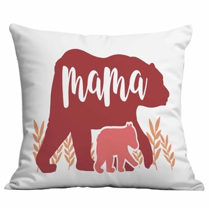 Close-up of Mama Bear print with mother and cub silhouette on a white cushion cover