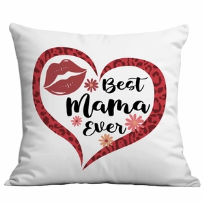 Close-up of Best Mama Ever text with red leopard heart on square white pillowcase