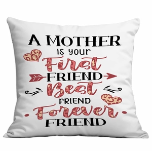 Macro detail of the fabric texture on white square Mother's Day cushion cover with text