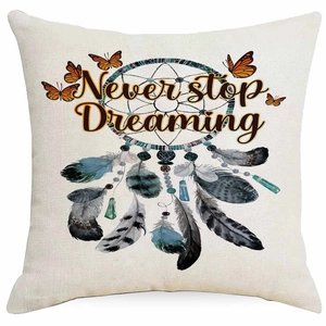 Bohemian dreamcatcher pillow cover with colorful feathers and butterflies on linen fabric