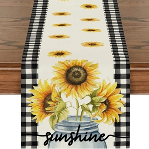 Linen table runner with sunflower print, buffalo plaid edges and sunshine text