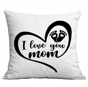 Housse de coussin blanche fête des mères avec texte I love you mom et motif pieds