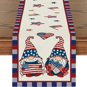 Linen table runner with Independence Day gnome print and patriotic checkered borders