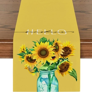 Linen table runner with sunflower in mason jar and Hello Sunshine typography