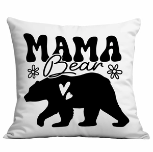Détail de l'imprimé noir MAMA Bear sur une taie d'oreiller blanche pour la fête des mères