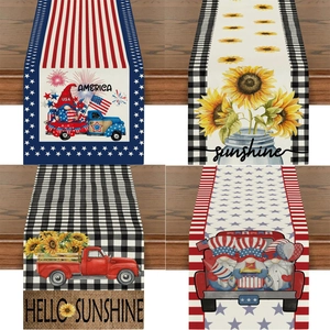 Linen Table Runner Sunflower American Independence Day Decoration Rustic Buffalo Plaid Red Truck Gnomes Patriotic Tablecloth For Dining Room Home Party Decor