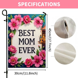 Detail of Best Mom Ever garden flag showing linen texture and 30x45cm specifications