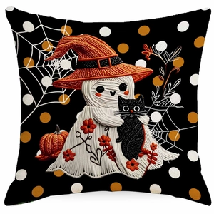 Federa per cuscino Halloween con fantasma carino e gatto nero con trama ricamata