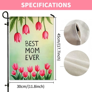 Detail of Best Mom Ever garden flag showing high-quality linen texture and size dimensions