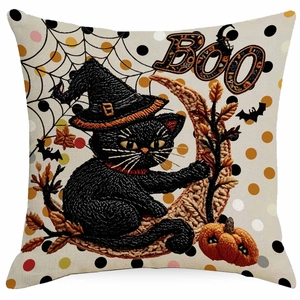 Federa decorativa per Halloween con gatto nero, luna e stampa Boo ricamata