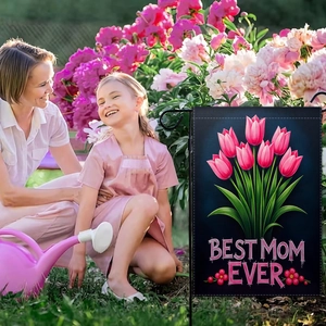Detail of Best Mom Ever garden flag with pink tulips and mother-daughter garden scene