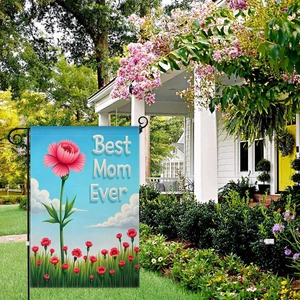 Detail of Best Mom Ever garden flag with carnations and clouds on a sky blue background