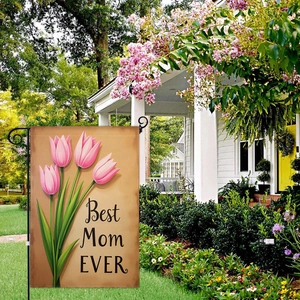 Outdoor garden flag featuring pink tulips and Best Mom EVER text on a metal stand