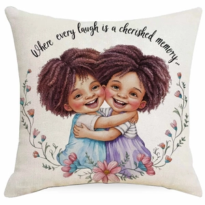 Detailansicht eines Kissenbezugs aus Leinen mit Best-Friend-Illustration und Blumen