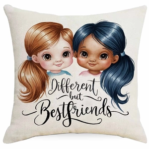 Detailansicht des Leinen-Kissenbezugs mit 'Different but Bestfriends' Grafik für das Sofa