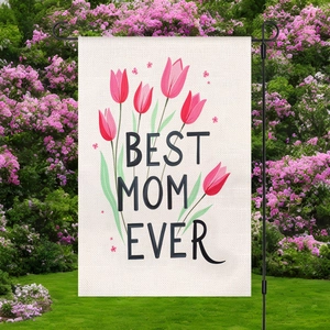 Floral Mother's Day garden flag with Best Mom Ever text on a black metal stand