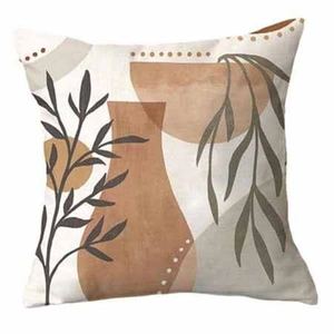 Detailed texture of boho abstract floral pillowcase in earthy terracotta and beige tones