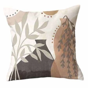 Detail of Nordic abstract floral pillowcase with modern geometric patterns and earthy tones
